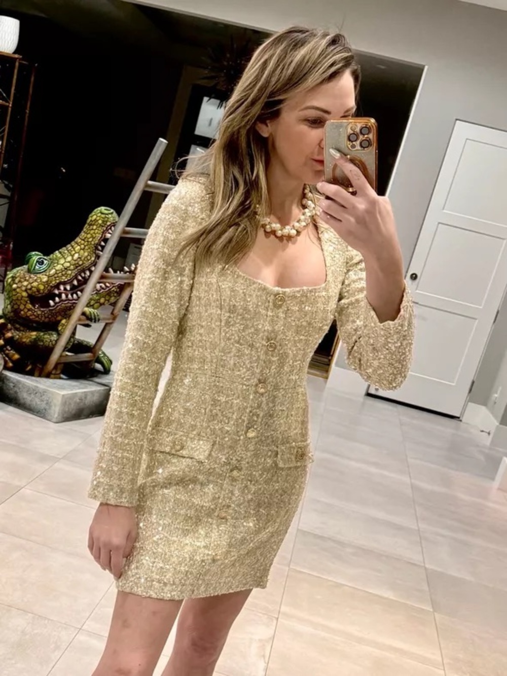 Gianni Bini Gold Tweed Button-Front Mini Dress